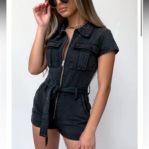 White Fox Denim Acid Black Zip Up Playsuit